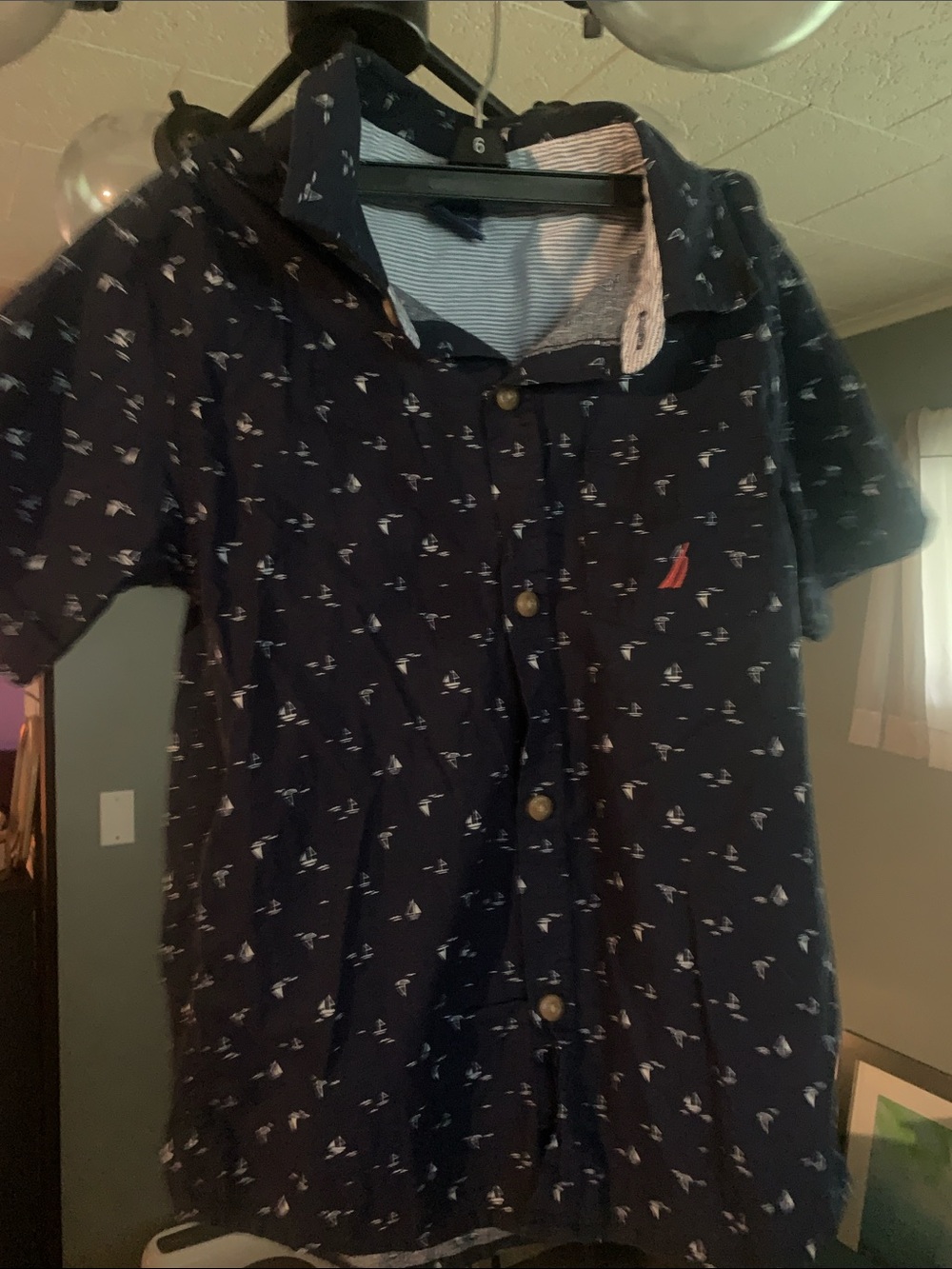 Nautica Boys Size 6 Navy Blue Sailboat Print Button Down Shirt